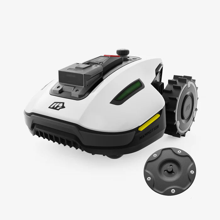 Mammotion YUKA Mini robot lawn mower in a straight side view in withe with a cutting disc